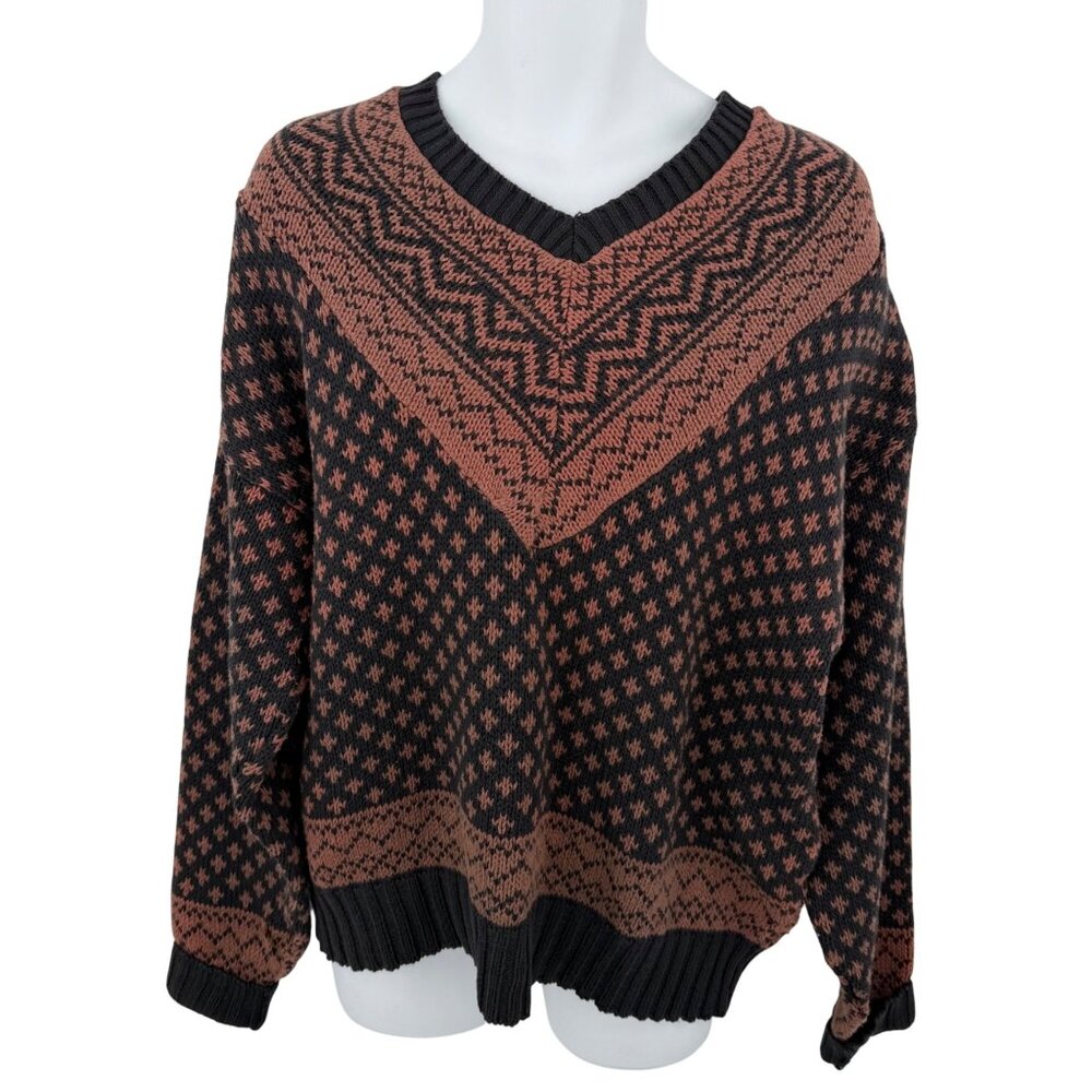 AMERICAN EAGLE OUTFITTERS BLACK & BROWN FAIR ISLE CHUNKY KNIT SWEATER - XL